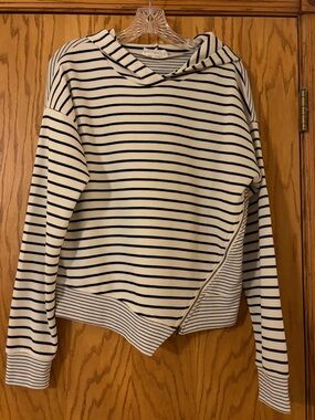 Doe & Rae Black and Cream Striped Hooded Pullover